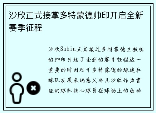 沙欣正式接掌多特蒙德帅印开启全新赛季征程